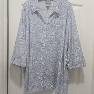 EUC Catherine's timeless blouse 5xl blue white print button down shirt top